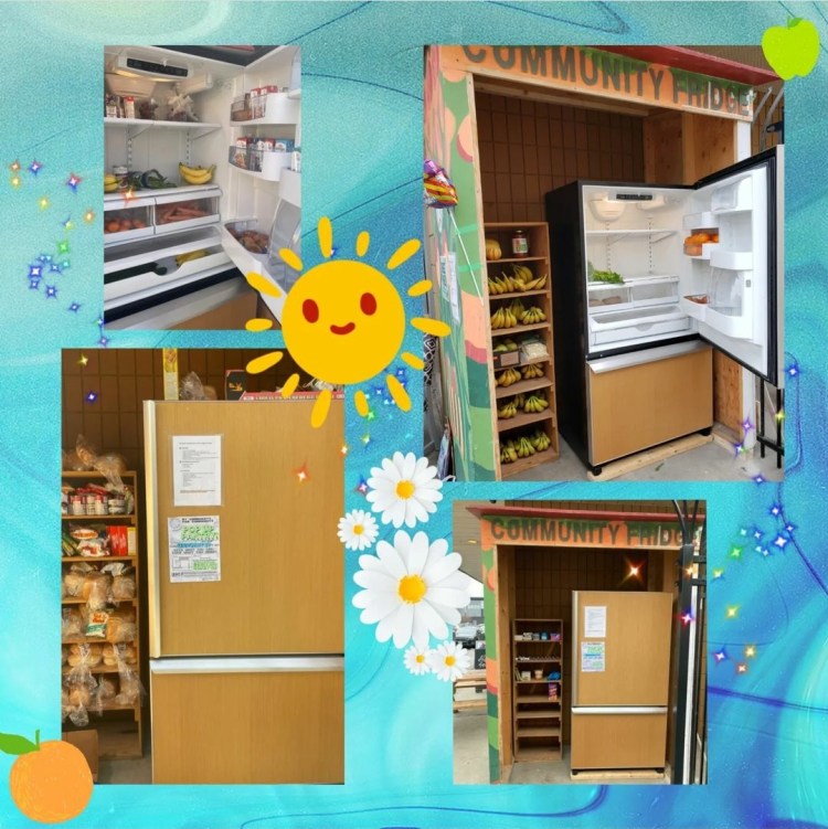 Picture of the exterior and interior of the newly installed fridge and pantry filled with food.